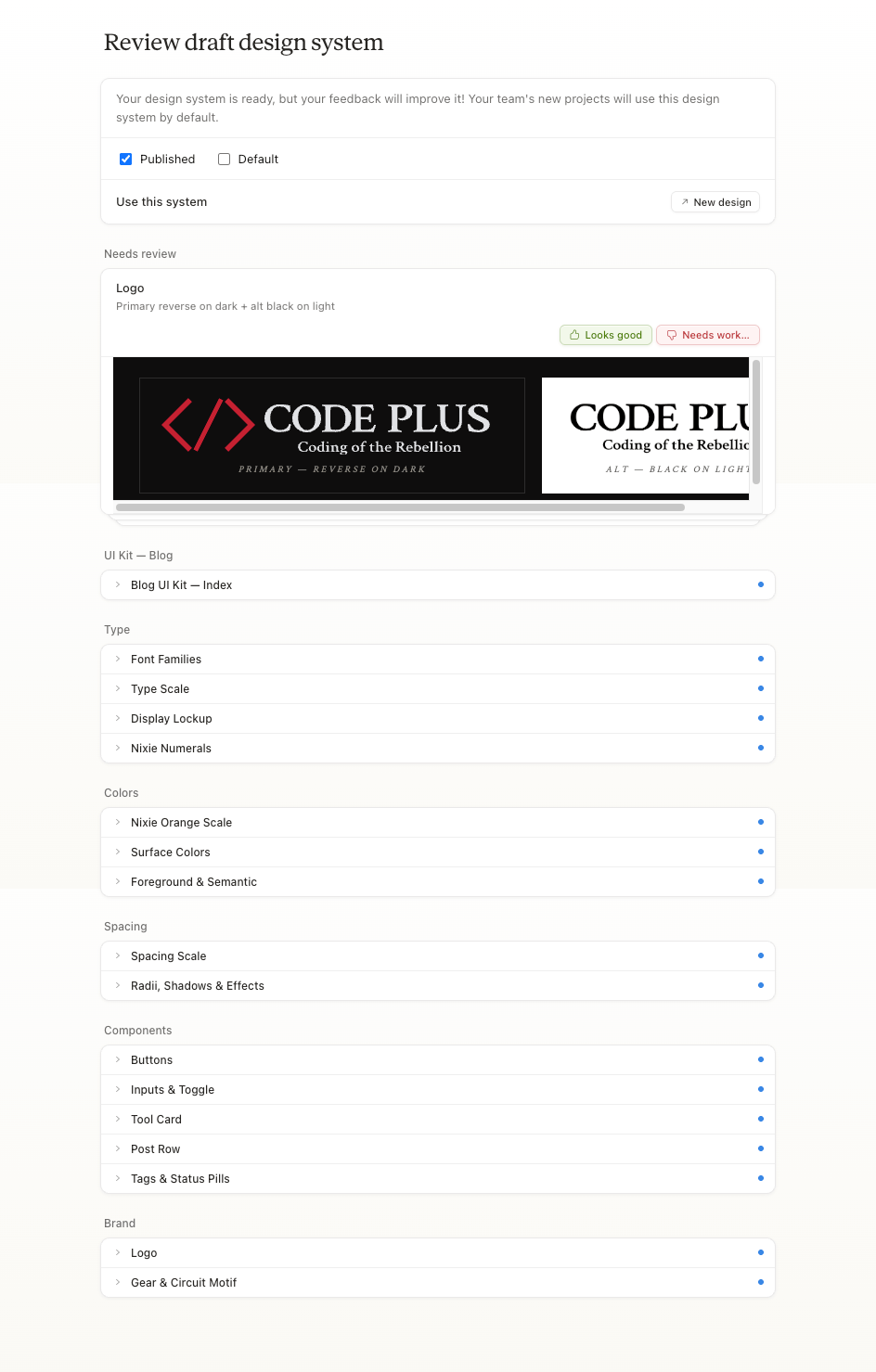 Claude Design の Review draft design system 画面