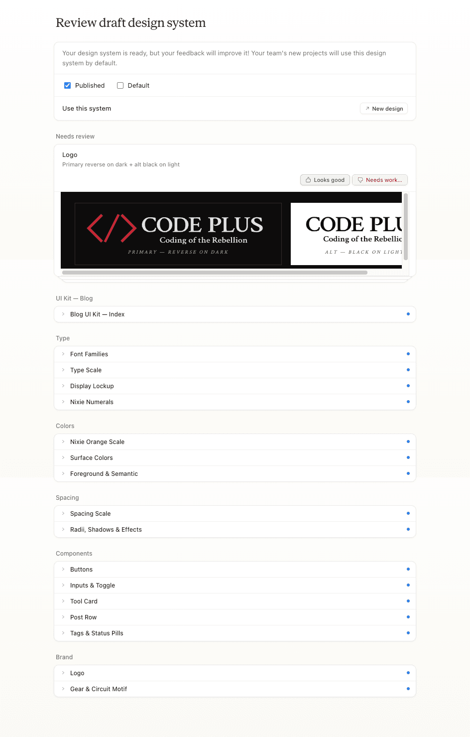 Claude Design の Review draft design system 画面