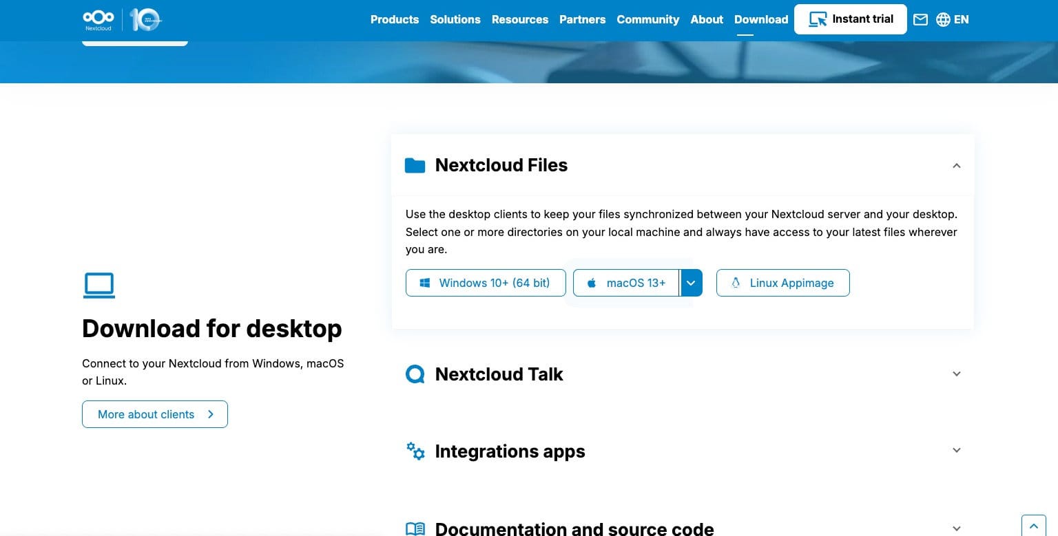 nextcloud.com/install のダウンロードページ。macOS 13+ボタンが中央に表示されている