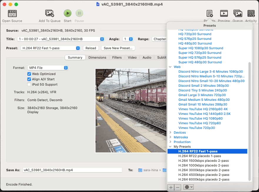 3000kbps Placebo 2-pass の設定画面:Average Bitrate が選択され、2-pass encoding にチェックが入っている