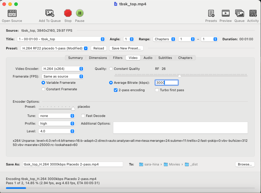 HandBrake でエンコード中の画面:Placebo 2-pass で書き出し中、ETA が表示されている