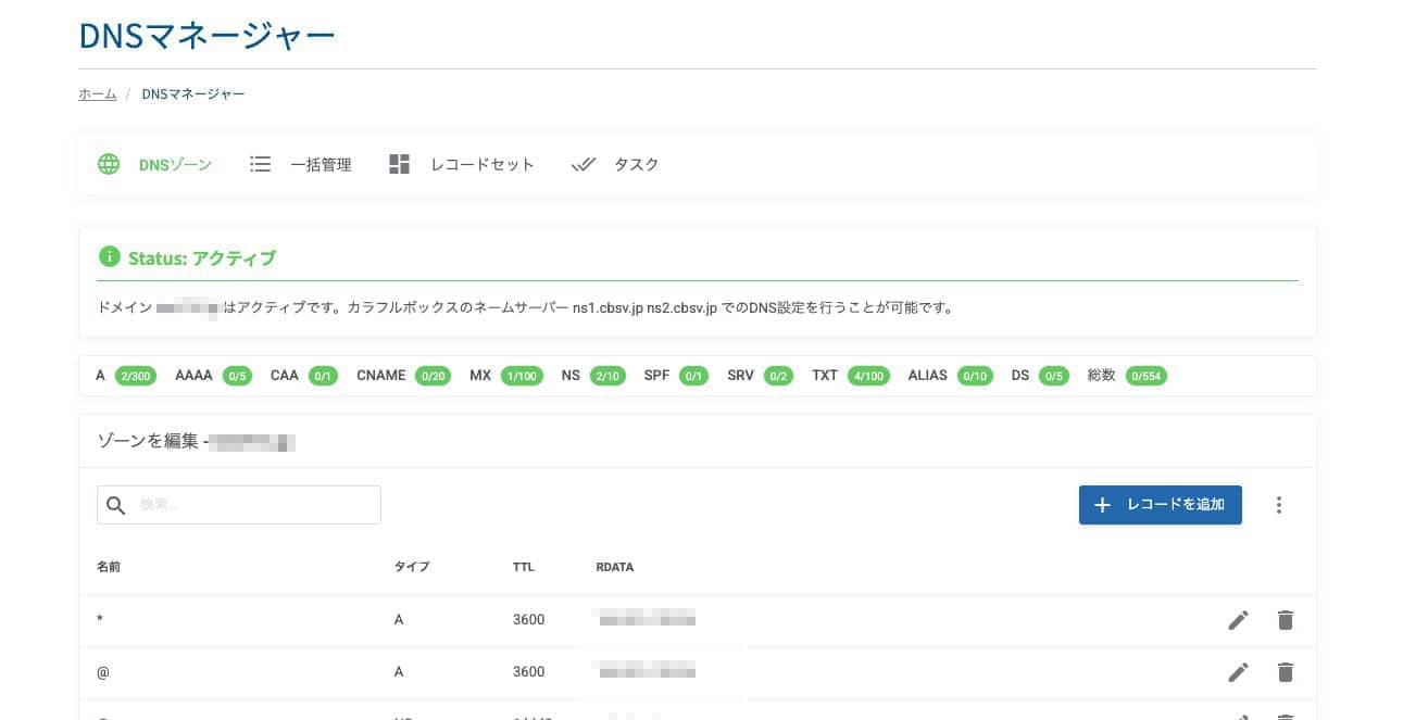 DNSマネージャーのトップ画面。ゾーンの状態とレコード種別ごとの登録数が表示されている